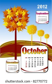 2012 year calendar in vector. October with yellow tree icon