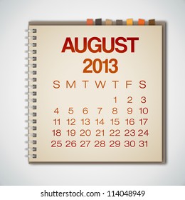 2013 Calendar August Notebook Vector