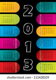 2013 calendar with colorful labels on dark background