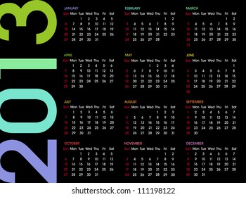 2013 Calendar. Colorful vector illustration on black background.