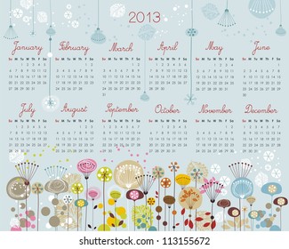 2013 Calendar with decorative floral, seasonal elements