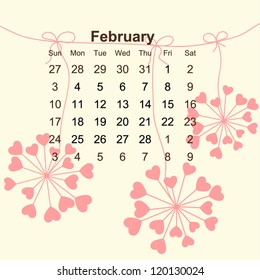 2013 Calendar February with cute hearts flowers for valentines day