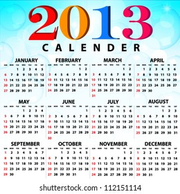 2013 Calendar full year. 12 months. Vector illustration