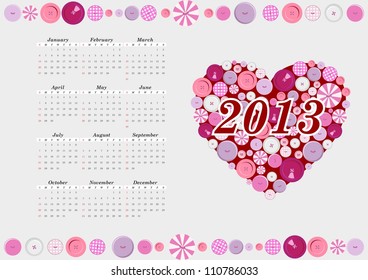 2013 calendar with heart from buttons,vector