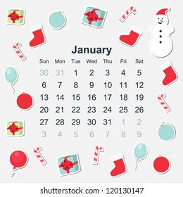 2013 Calendar January with christmas stickers in red and blue colors