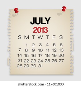 2013 Calendar July Old Torn Paper Vector