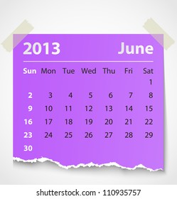 2013 calendar june colorful torn paper. Vector illustration