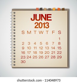 2013 Calendar June Notebook Vector