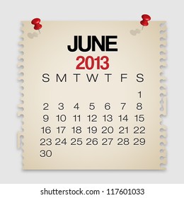 2013 Calendar June Old Torn Paper Vector