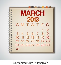 2013 Calendar March Notebook Vector