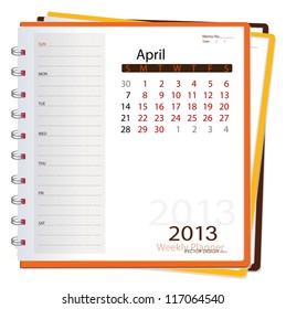 2013 calendar notebook, April. Vector illustration.