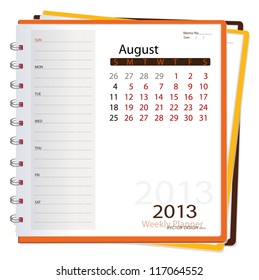 2013 calendar notebook, August. Vector illustration.