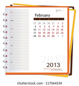 2013 calendar notebook, February. Vector illustration.