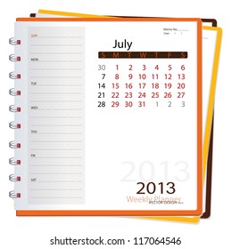 2013 calendar notebook, July. Vector illustration.