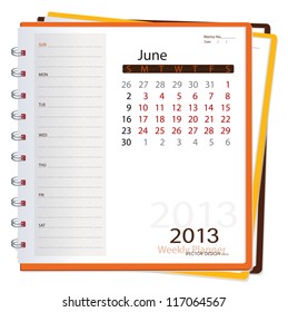 2013 calendar notebook, June. Vector illustration.
