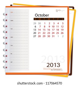 2013 calendar notebook, October. Vector illustration.