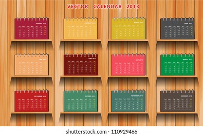 2013 Calendar Notebook on wood shelf, vector illustration