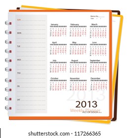 bloc de notas del calendario 2013, ilustración vectorial.