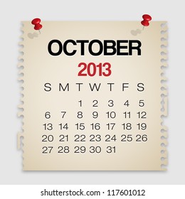 2013 Calendar October Old Torn Paper Vector