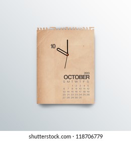 2013 Calendar Old Note Paper October Clock Design Vector