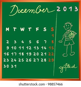 2013 calendar on a chalkboard, december design with the gifted student profile for international schools