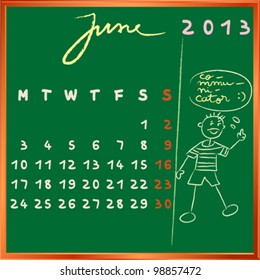 2013 calendar on a chalkboard, june design with the communicator student profile for international schools