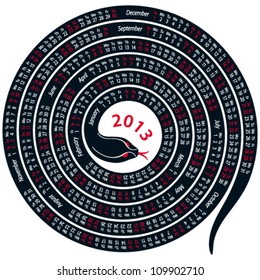 2013 calendar spiral-shaped  black snake on white background