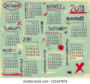 2013 Calendar - Twelve month calendar for 2013 in a grungy style