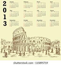 2013 calendar with vintage hand drawn illustration of famous ancient tourist destination the colosseum of Rome Italy.