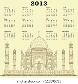 2013 calendar with vintage hand drawn illustration of famous tourist destination taj mahal of India.