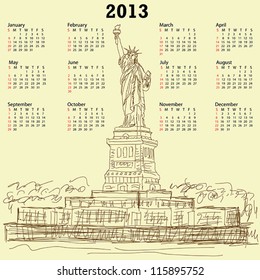 2013 calendar with vintage hand drawn illustration of famous tourist destination statue of liberty new york city usa.