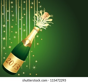 2013 Champagne bottle popping. Happy new year. Green vector greeting card.