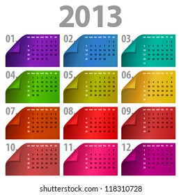 2013 colorful calendar with curly corners - week starts with sunday