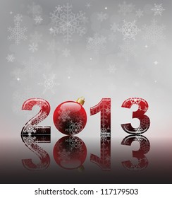 Modelo de folheto de 2013. 2013 escrito em letras brilhantes com bauble como o zero. Neve e reflexão sobre fundo floco de neve de prata com espaço para o seu texto.  Formato de vetor EPS10.