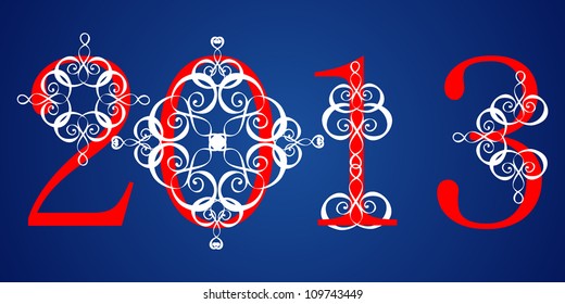 2013 Happy New Year, Red Digits on Blue Background, Calligraphic Isolated Vector Clip-Art Illustration