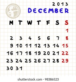 2013 monthly calendar December 2013 with Sagittarius zodiac sign stamp