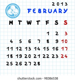 2013 monthly calendar February with Aquarius zodiac sign stamp