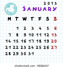 2013 monthly calendar January with Capricorn zodiac sign stamp