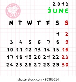 2013 monthly calendar June with Gemini zodiac sign stamp