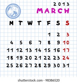 2013 monthly calendar March with Pisces zodiac sign stamp
