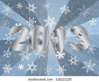 2013 New Year Numerals in 3D and Snowflakes Silver Rays Textured Background Vector Illustration