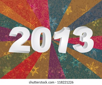 2013 New Year Numerals in 3D and Snowflakes Colorful Rays Textured Background Vector Illustration