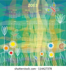 2013 Vector Calendar - Colorful Meadow with Tulips and Other Flowers,Two Butterflies, a Snail and a Beetle