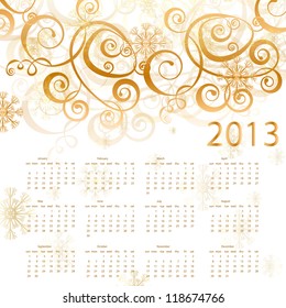 2013 white calendar with gold showflake