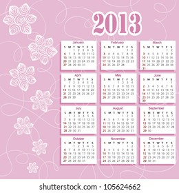 2013 year calendar with flowers(week starts on Sunday)