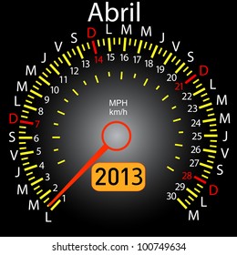 2013 year calendar speedometer car in Spanish. April