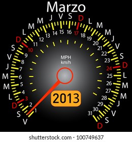 2013 year calendar speedometer car in Spanish. March
