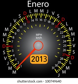 2013 year calendar speedometer car in Spanish. January