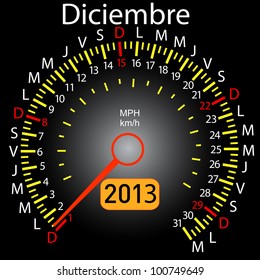 2013 year calendar speedometer car in Spanish. December