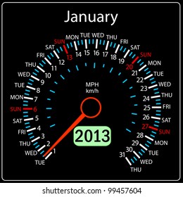 2013 year calendar speedometer car in vector. January.